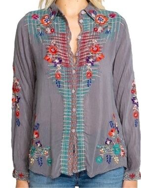 Johnny Was Silk Embroidered Gray Floral Button Front Women's Top